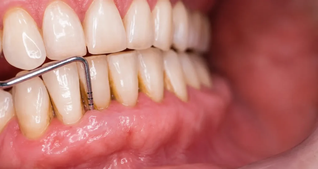 Sonda periodontal midiendo la encía en un tratamiento de periodoncia
